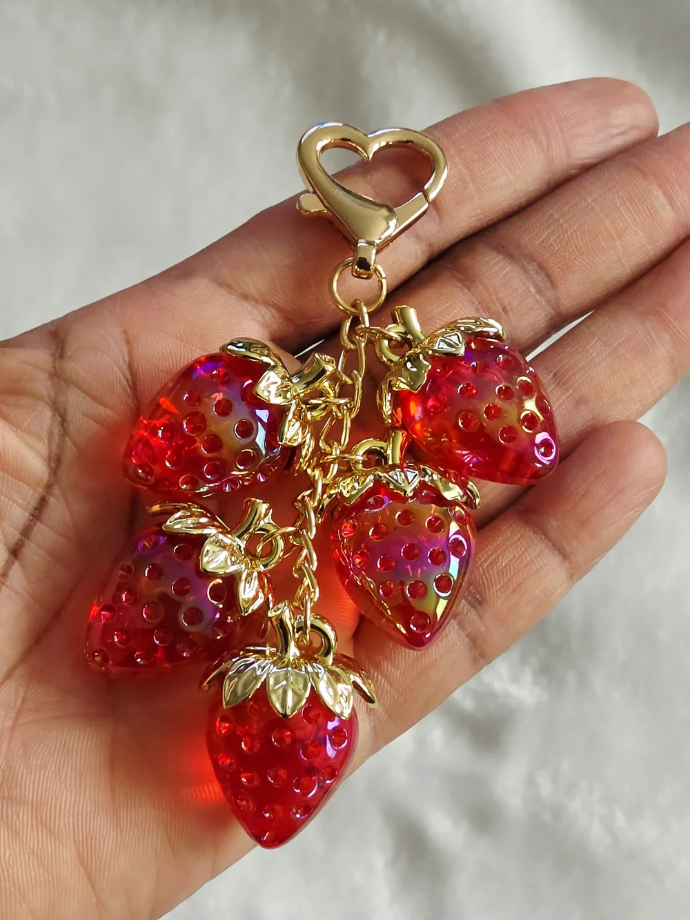 Gold Heart Strawberry Charm Keychain - Red Iridescent Strawberries Bag Charm